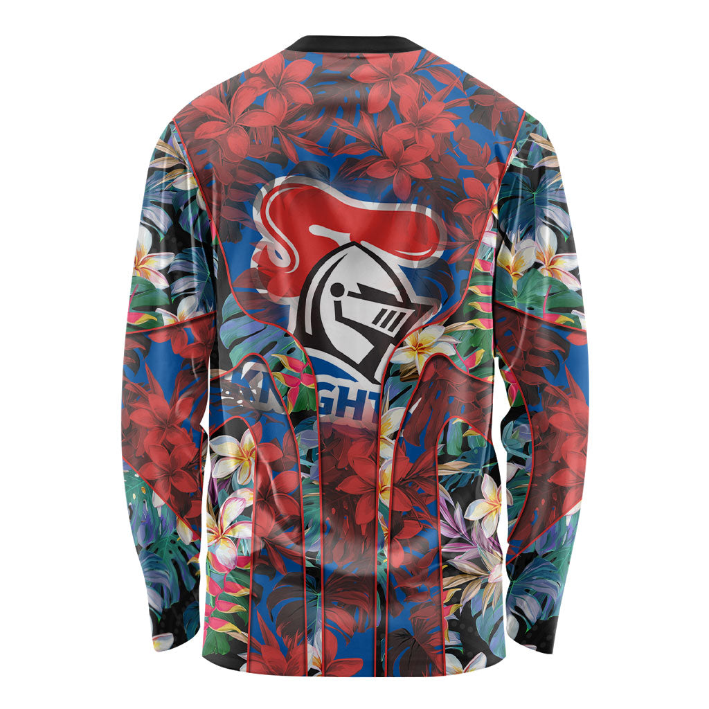 Newcastle Knights Long Sleeve Shirt Tropical Hibiscus Floral Pattern With Blue And Red Accents