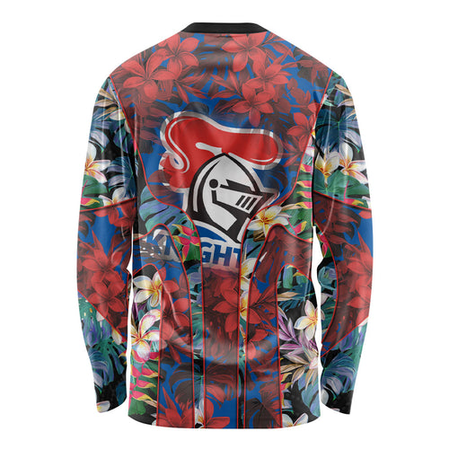 Newcastle Knights Long Sleeve Shirt Tropical Hibiscus Floral Pattern With Blue And Red Accents
