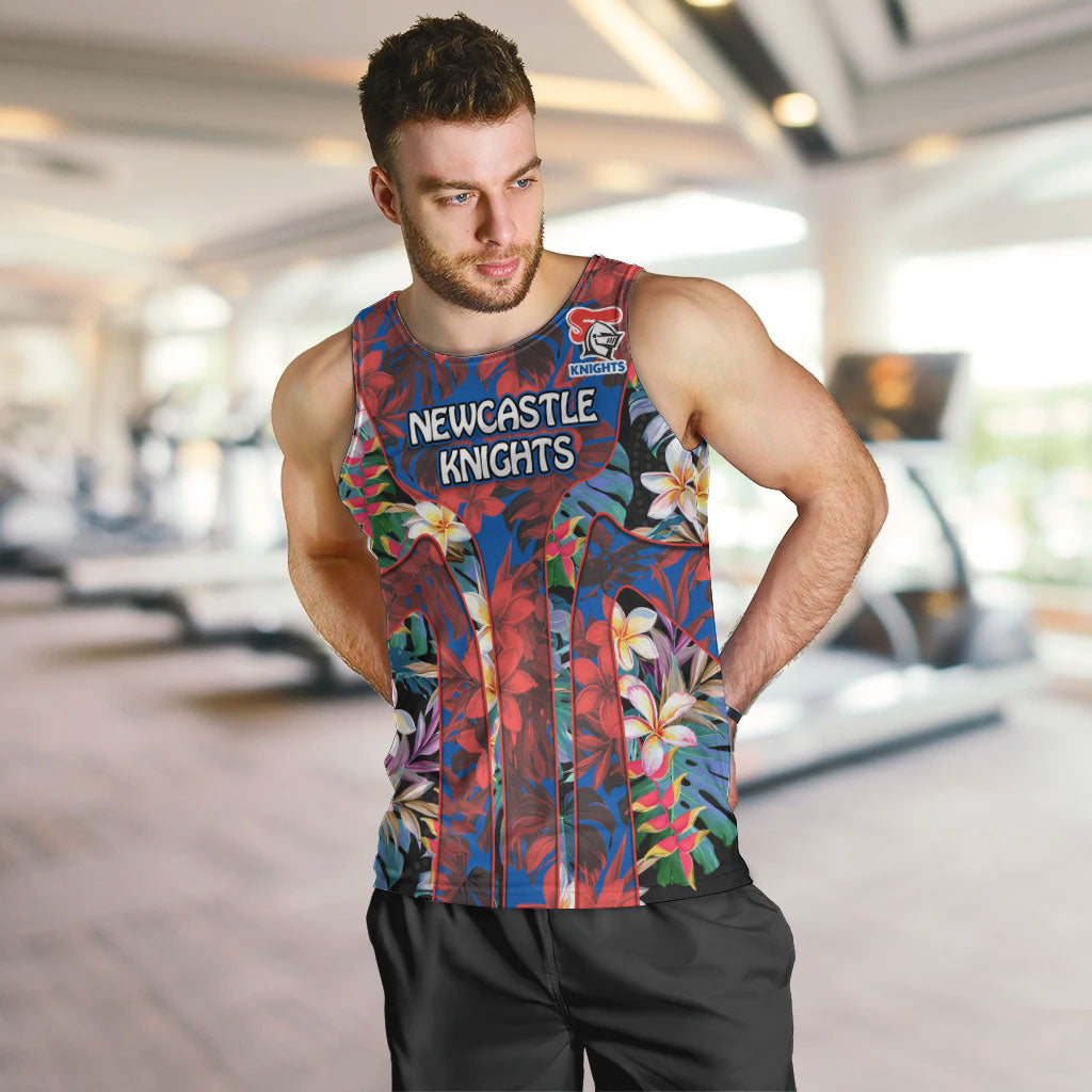 Newcastle Knights Men Tank Top Tropical Hibiscus Floral Pattern With Blue And Red Accents