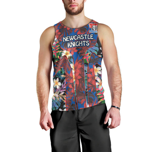 Newcastle Knights Men Tank Top Tropical Hibiscus Floral Pattern With Blue And Red Accents