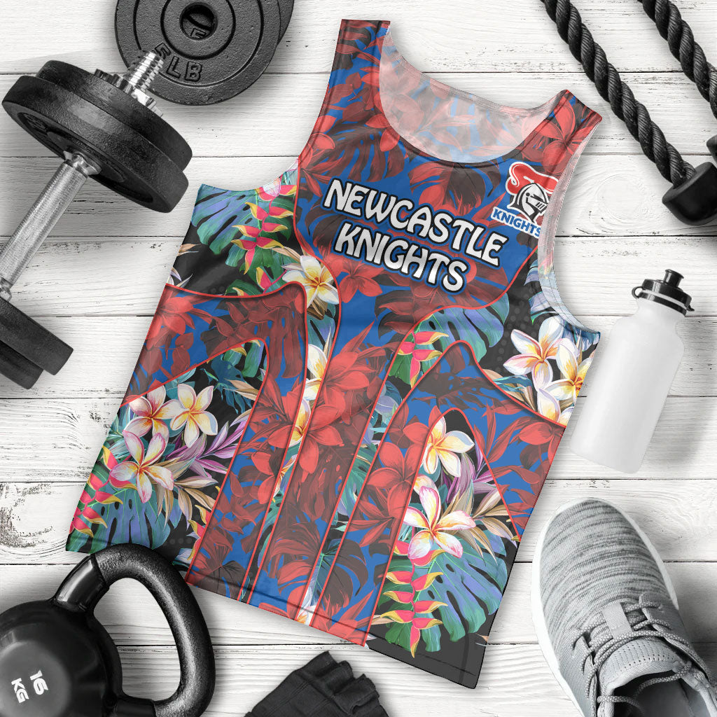 Newcastle Knights Men Tank Top Tropical Hibiscus Floral Pattern With Blue And Red Accents