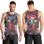 Newcastle Knights Men Tank Top Tropical Hibiscus Floral Pattern With Blue And Red Accents
