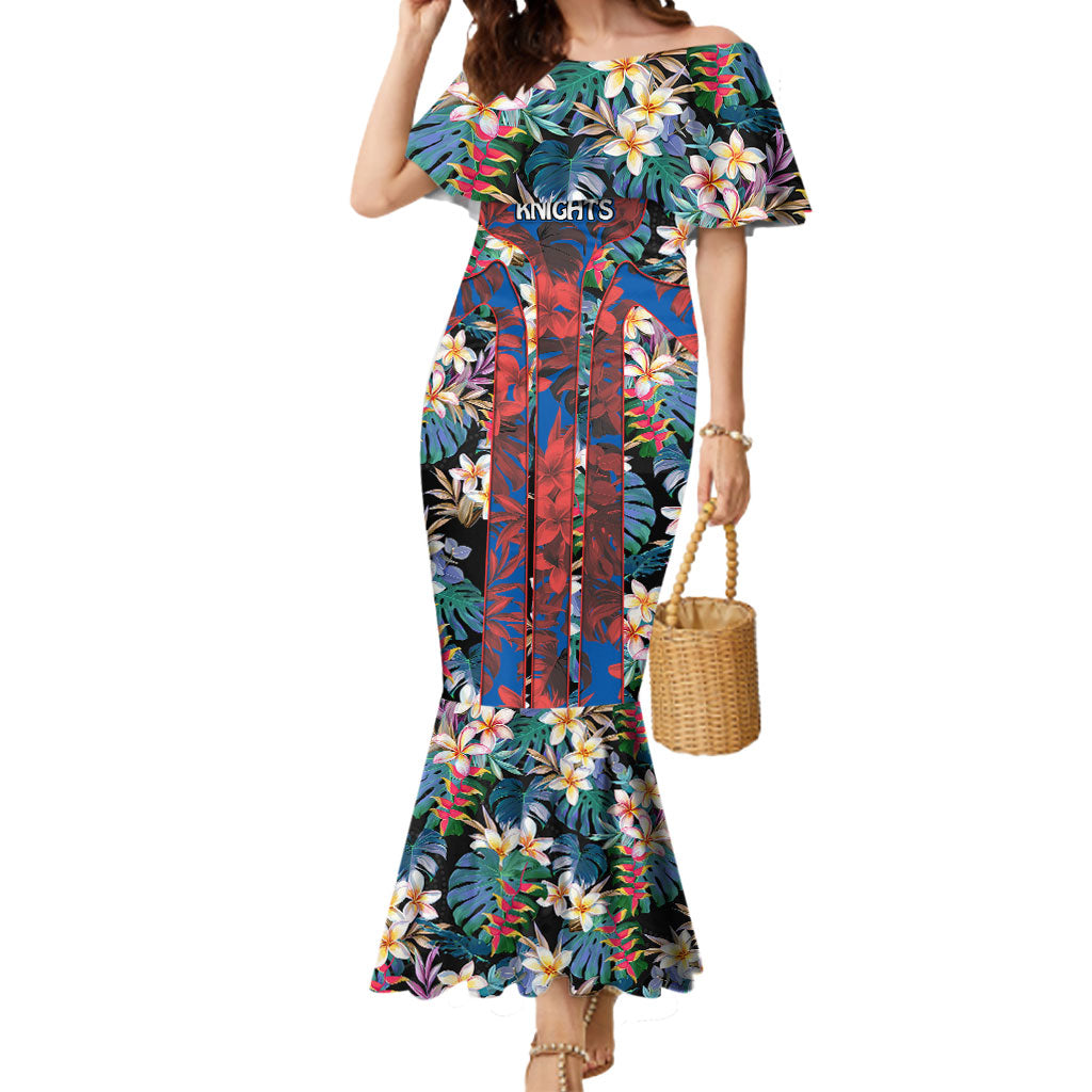 Newcastle Knights Mermaid Dress Tropical Hibiscus Floral Pattern With Blue And Red Accents