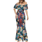 Newcastle Knights Mermaid Dress Tropical Hibiscus Floral Pattern With Blue And Red Accents