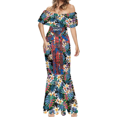 Newcastle Knights Mermaid Dress Tropical Hibiscus Floral Pattern With Blue And Red Accents