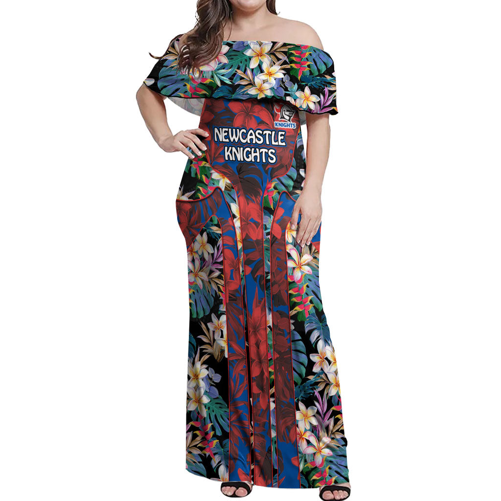 Newcastle Knights Off Shoulder Maxi Dress Tropical Hibiscus Floral Pattern With Blue And Red Accents