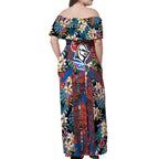Newcastle Knights Off Shoulder Maxi Dress Tropical Hibiscus Floral Pattern With Blue And Red Accents