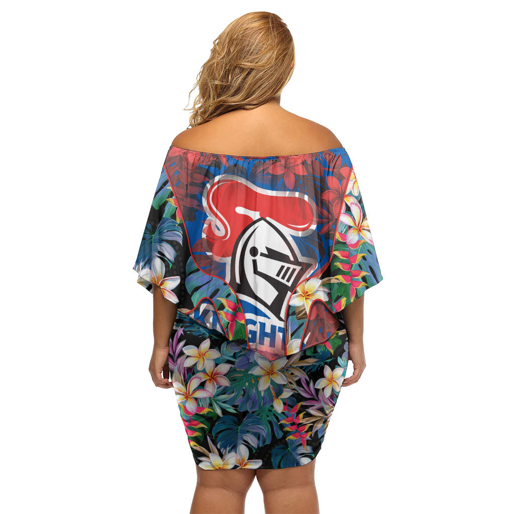Newcastle Knights Off Shoulder Short Dress Tropical Hibiscus Floral Pattern With Blue And Red Accents