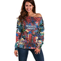 Newcastle Knights Off Shoulder Sweater Tropical Hibiscus Floral Pattern With Blue And Red Accents