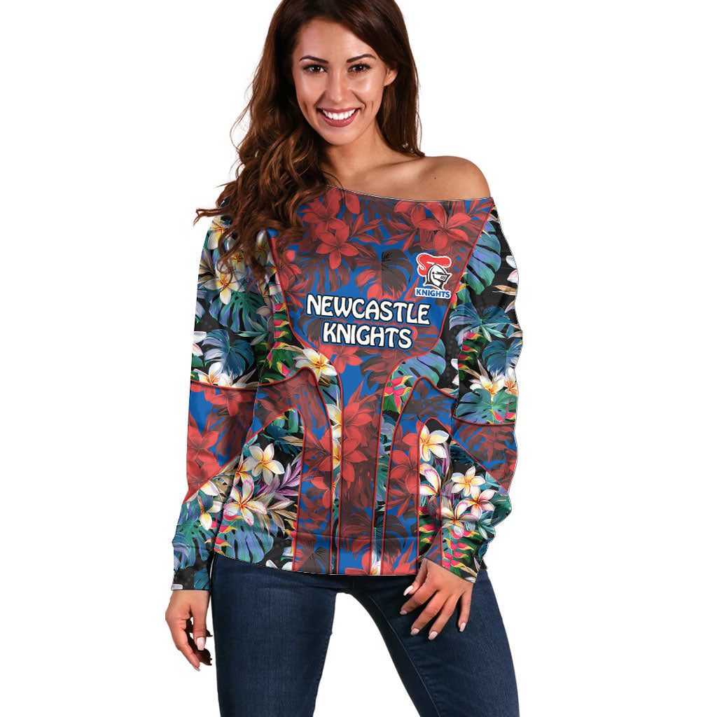 Newcastle Knights Off Shoulder Sweater Tropical Hibiscus Floral Pattern With Blue And Red Accents