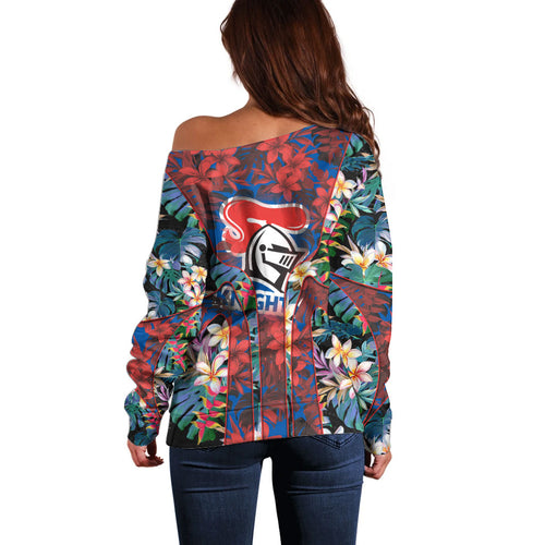 Newcastle Knights Off Shoulder Sweater Tropical Hibiscus Floral Pattern With Blue And Red Accents