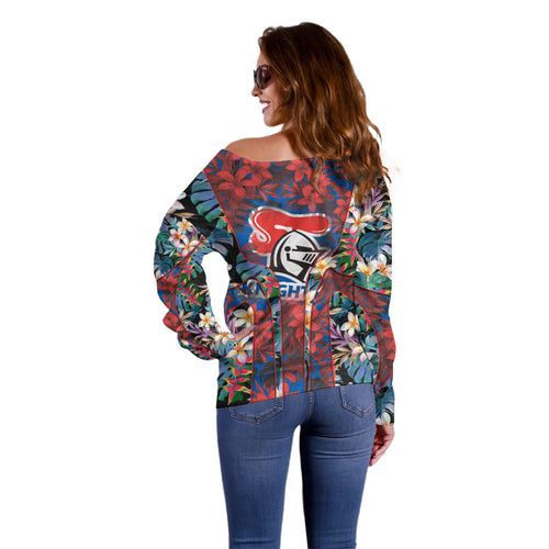 Newcastle Knights Off Shoulder Sweater Tropical Hibiscus Floral Pattern With Blue And Red Accents