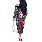 Newcastle Knights Off The Shoulder Long Sleeve Dress Tropical Hibiscus Floral Pattern With Blue And Red Accents