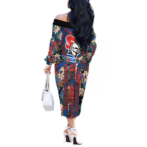 Newcastle Knights Off The Shoulder Long Sleeve Dress Tropical Hibiscus Floral Pattern With Blue And Red Accents
