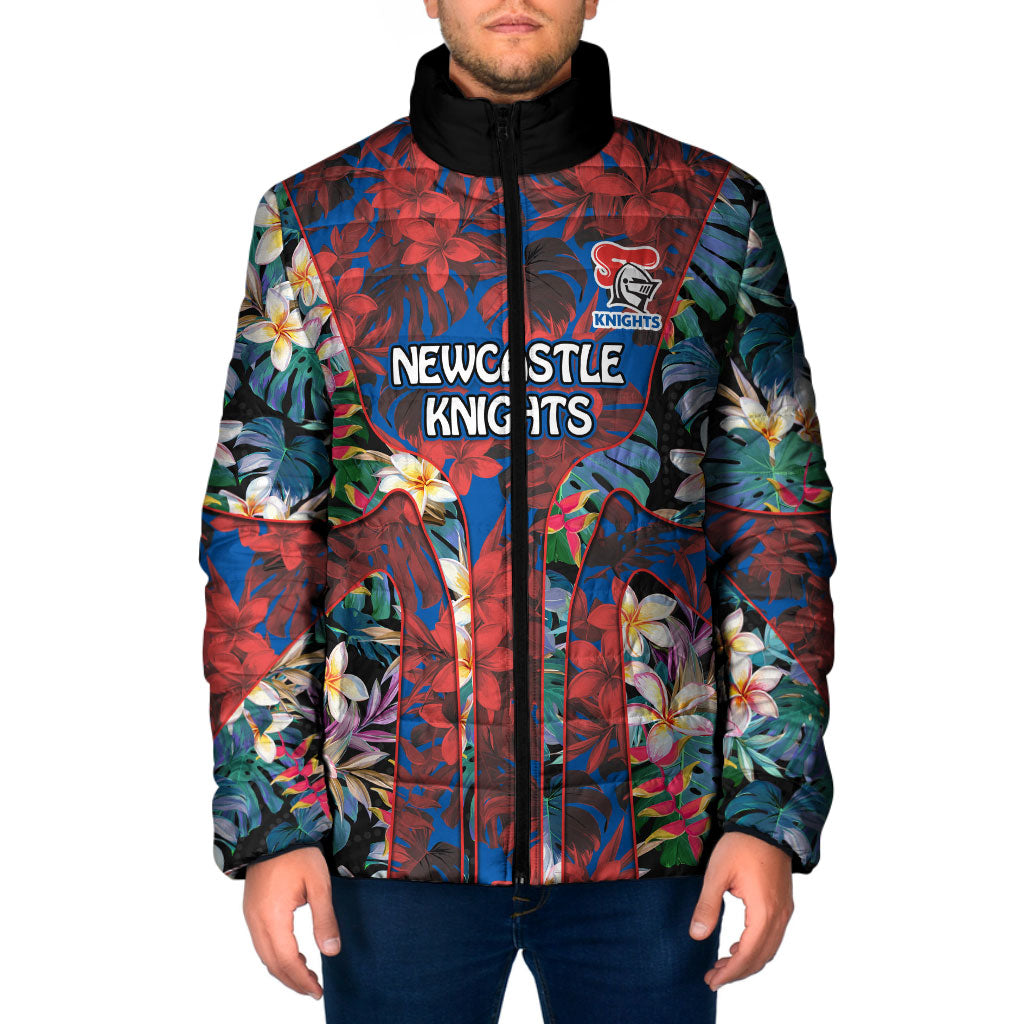 Newcastle Knights Padded Jacket Tropical Hibiscus Floral Pattern With Blue And Red Accents