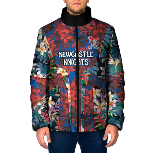 Newcastle Knights Padded Jacket Tropical Hibiscus Floral Pattern With Blue And Red Accents