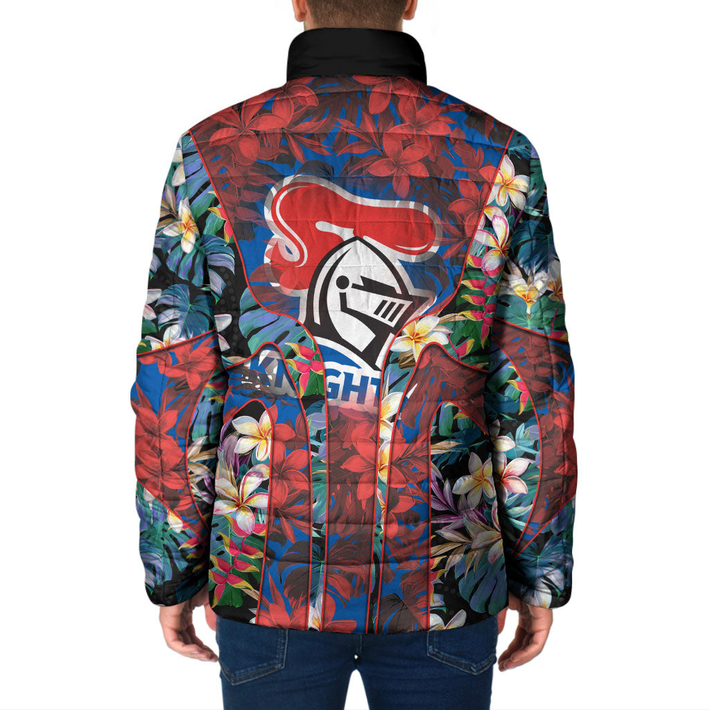 Newcastle Knights Padded Jacket Tropical Hibiscus Floral Pattern With Blue And Red Accents