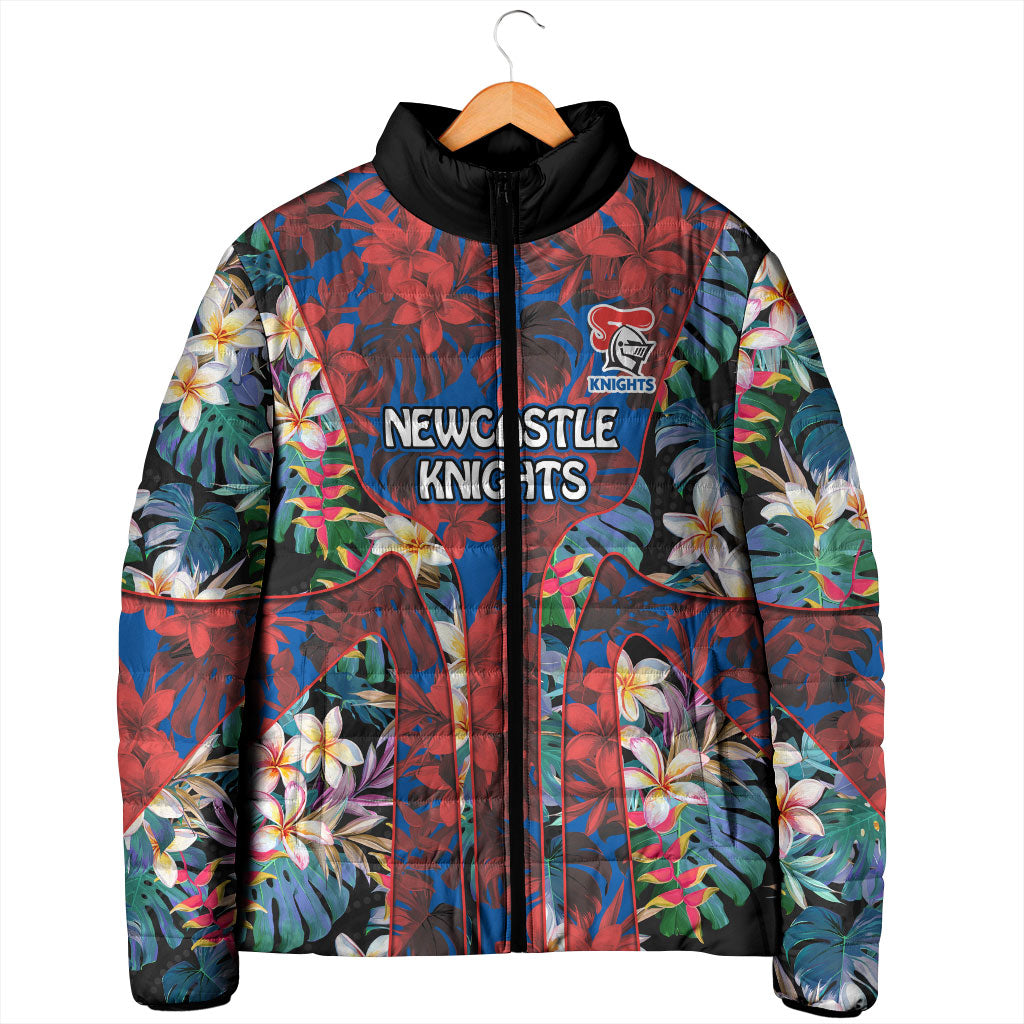 Newcastle Knights Padded Jacket Tropical Hibiscus Floral Pattern With Blue And Red Accents