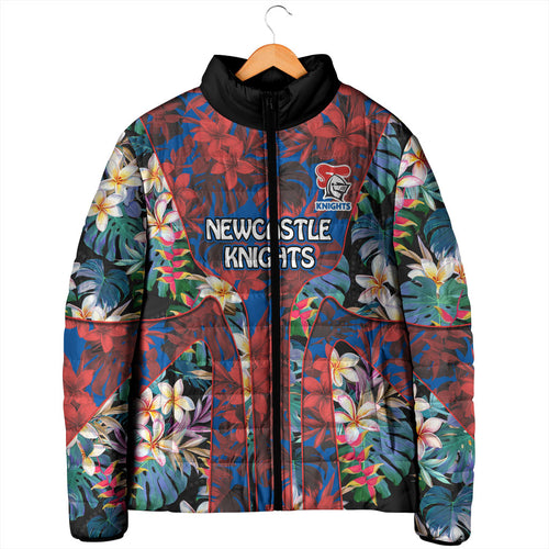 Newcastle Knights Padded Jacket Tropical Hibiscus Floral Pattern With Blue And Red Accents
