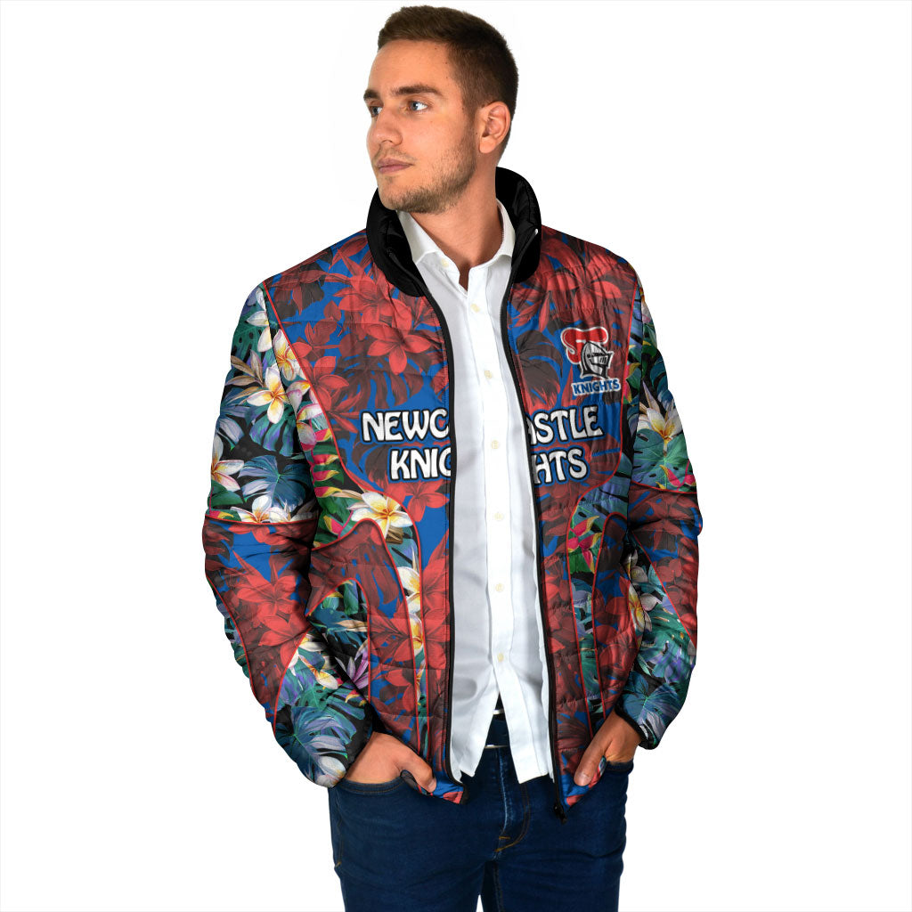 Newcastle Knights Padded Jacket Tropical Hibiscus Floral Pattern With Blue And Red Accents