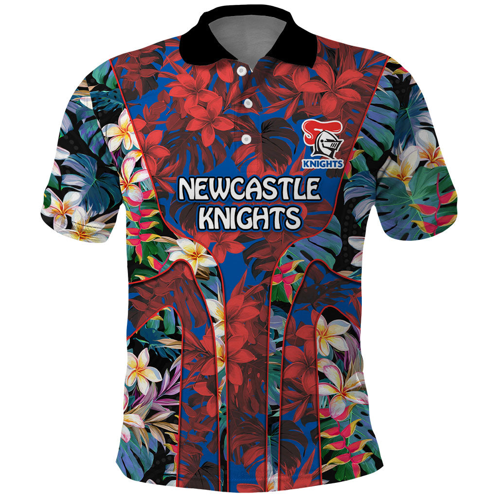 Newcastle Knights Polo Shirt Tropical Hibiscus Floral Pattern With Blue And Red Accents