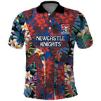 Newcastle Knights Polo Shirt Tropical Hibiscus Floral Pattern With Blue And Red Accents
