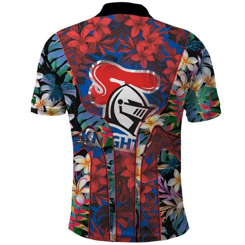 Newcastle Knights Polo Shirt Tropical Hibiscus Floral Pattern With Blue And Red Accents