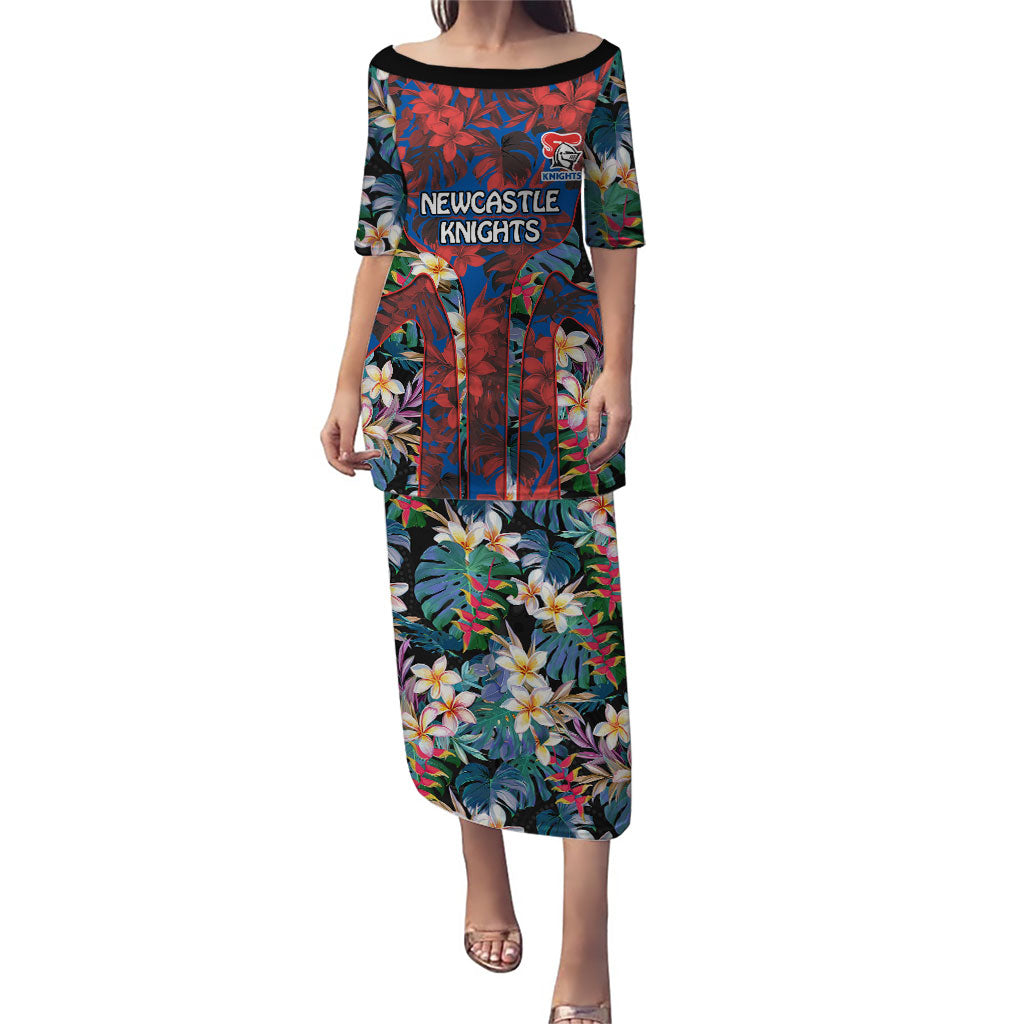 Newcastle Knights Puletasi Tropical Hibiscus Floral Pattern With Blue And Red Accents