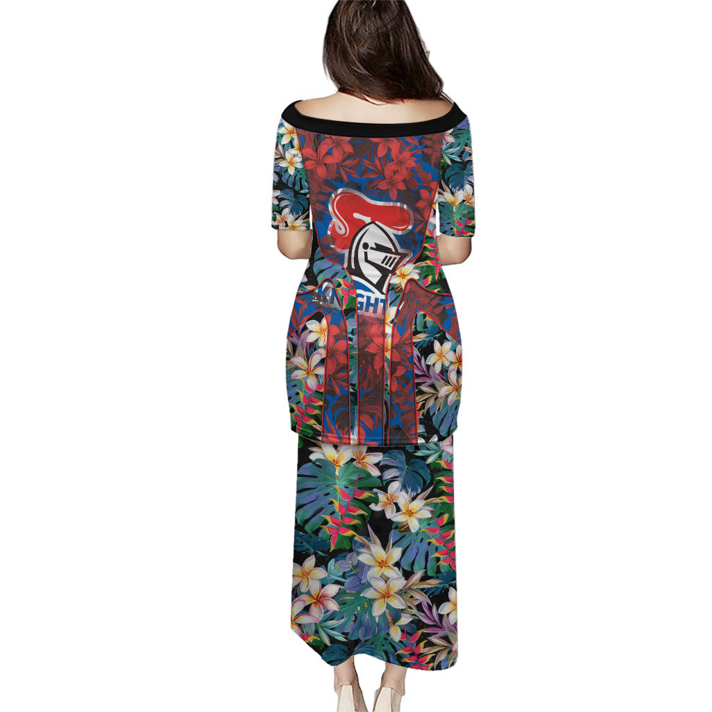 Newcastle Knights Puletasi Tropical Hibiscus Floral Pattern With Blue And Red Accents