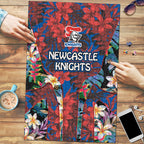 Newcastle Knights Puzzle Tropical Hibiscus Floral Pattern With Blue And Red Accents