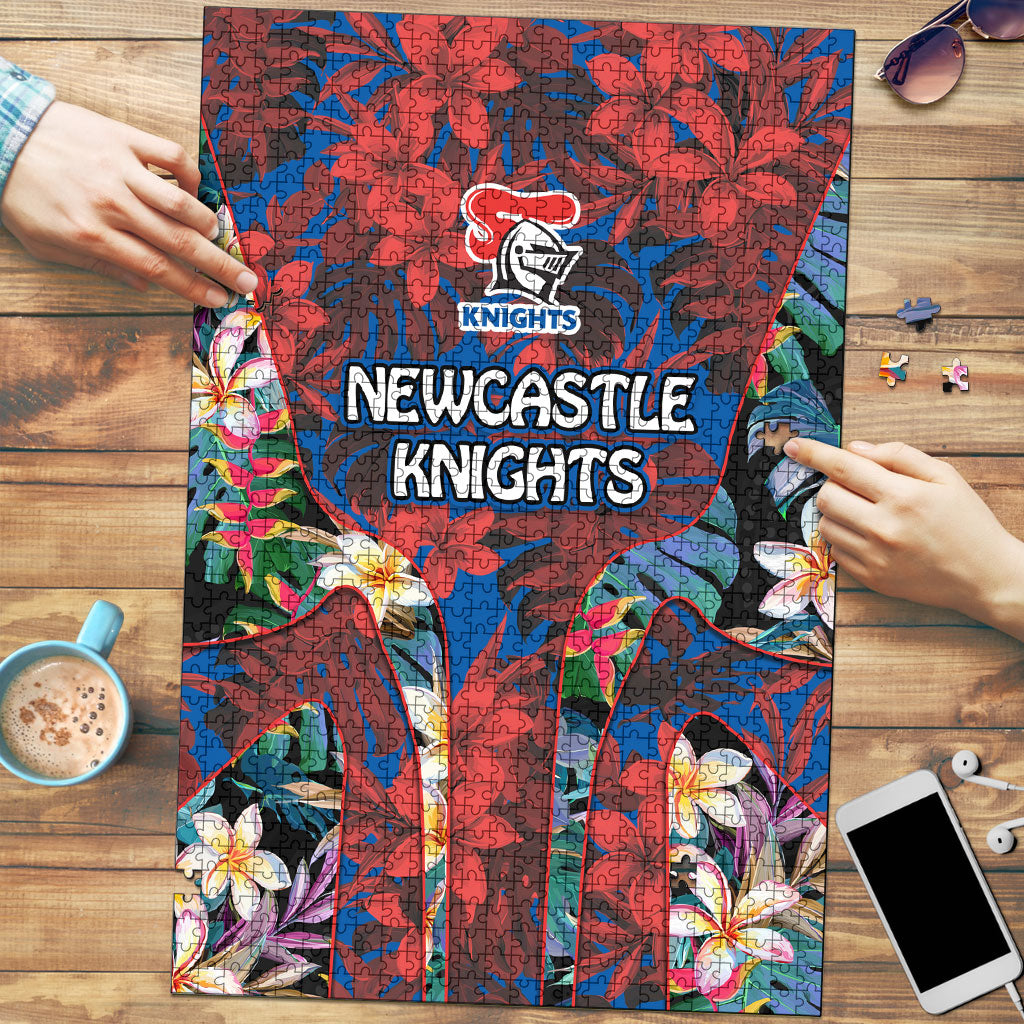 Newcastle Knights Puzzle Tropical Hibiscus Floral Pattern With Blue And Red Accents