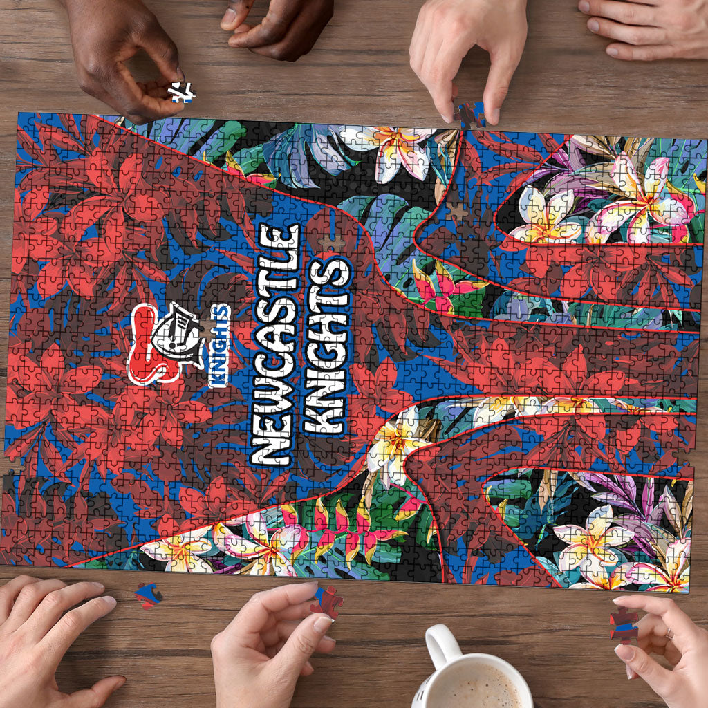 Newcastle Knights Puzzle Tropical Hibiscus Floral Pattern With Blue And Red Accents