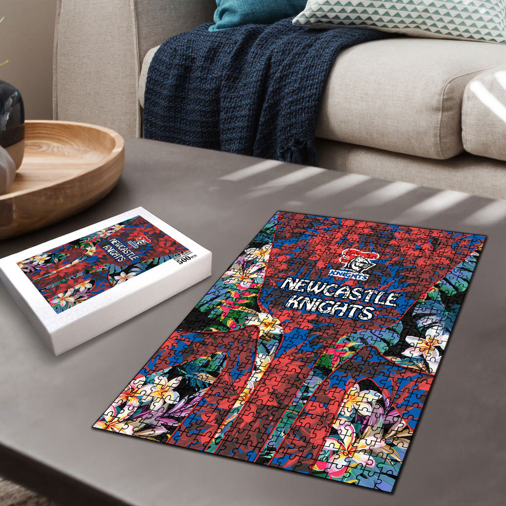 Newcastle Knights Puzzle Tropical Hibiscus Floral Pattern With Blue And Red Accents