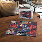 Newcastle Knights Puzzle Tropical Hibiscus Floral Pattern With Blue And Red Accents