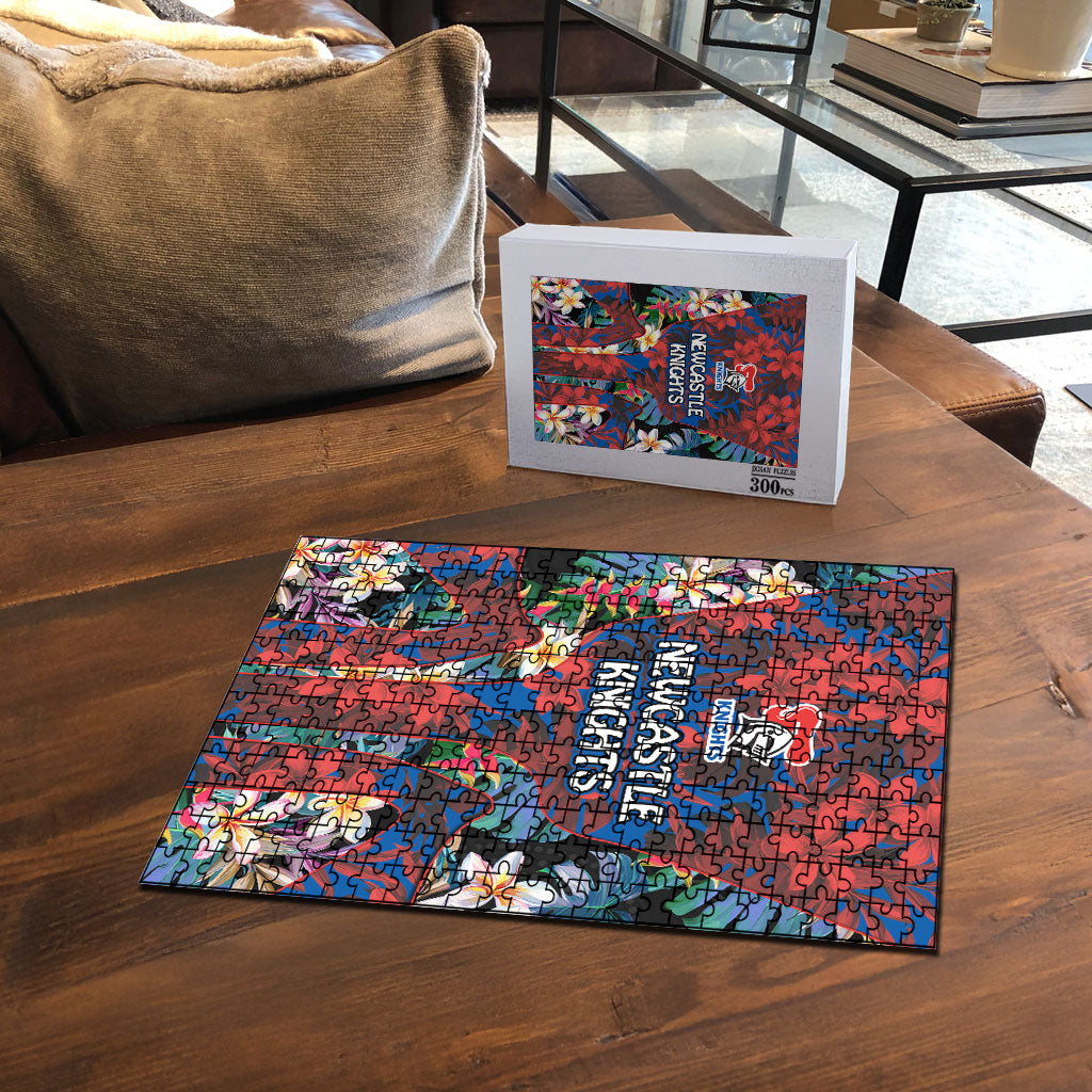 Newcastle Knights Puzzle Tropical Hibiscus Floral Pattern With Blue And Red Accents