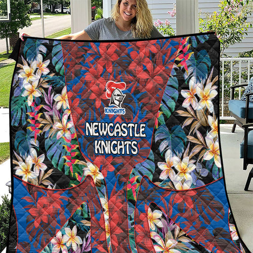 Newcastle Knights Quilt Tropical Hibiscus Floral Pattern With Blue And Red Accents