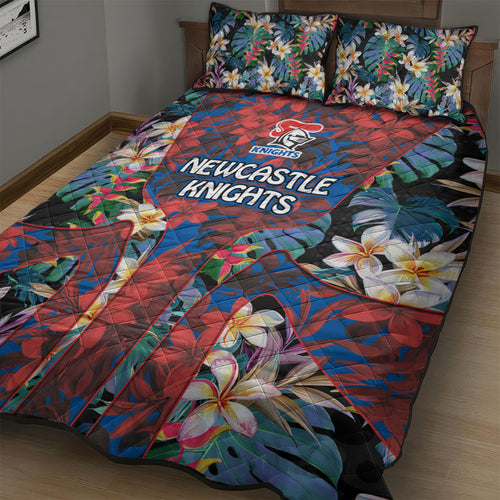 Newcastle Knights Quilt Bed Set Tropical Hibiscus Floral Pattern With Blue And Red Accents