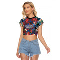 Newcastle Knights Raglan Cropped T Shirt Tropical Hibiscus Floral Pattern With Blue And Red Accents