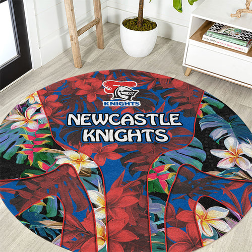 Newcastle Knights Round Carpet Tropical Hibiscus Floral Pattern With Blue And Red Accents