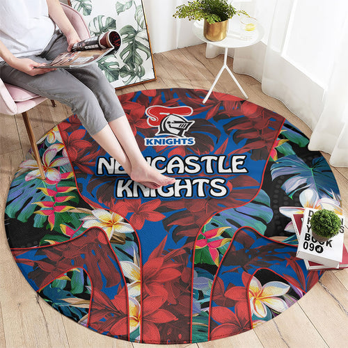 Newcastle Knights Round Carpet Tropical Hibiscus Floral Pattern With Blue And Red Accents