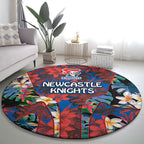 Newcastle Knights Round Carpet Tropical Hibiscus Floral Pattern With Blue And Red Accents