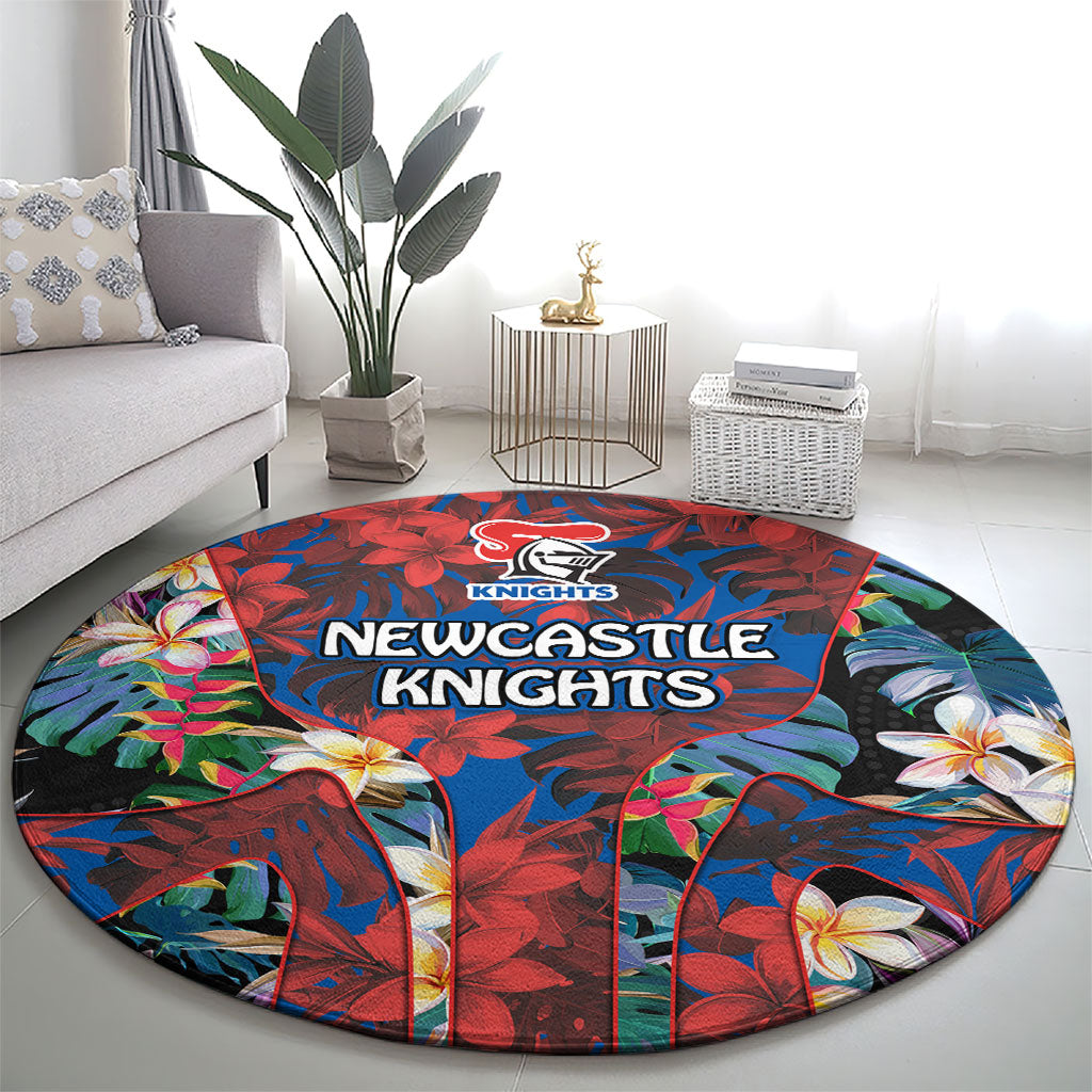 Newcastle Knights Round Carpet Tropical Hibiscus Floral Pattern With Blue And Red Accents