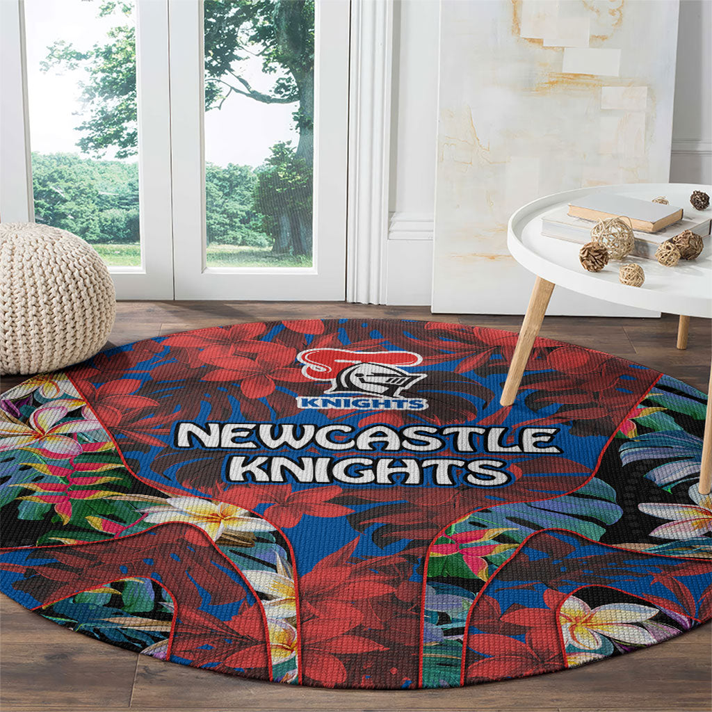 Newcastle Knights Round Carpet Tropical Hibiscus Floral Pattern With Blue And Red Accents