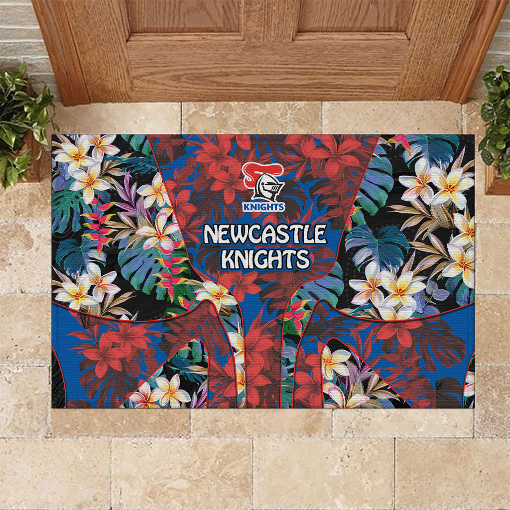 Newcastle Knights Rubber Doormat Tropical Hibiscus Floral Pattern With Blue And Red Accents