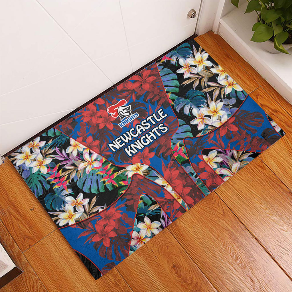 Newcastle Knights Rubber Doormat Tropical Hibiscus Floral Pattern With Blue And Red Accents