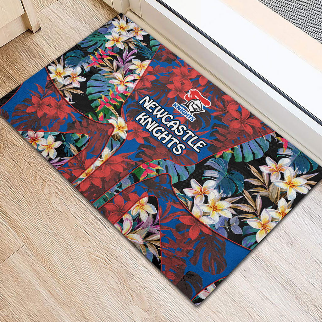 Newcastle Knights Rubber Doormat Tropical Hibiscus Floral Pattern With Blue And Red Accents