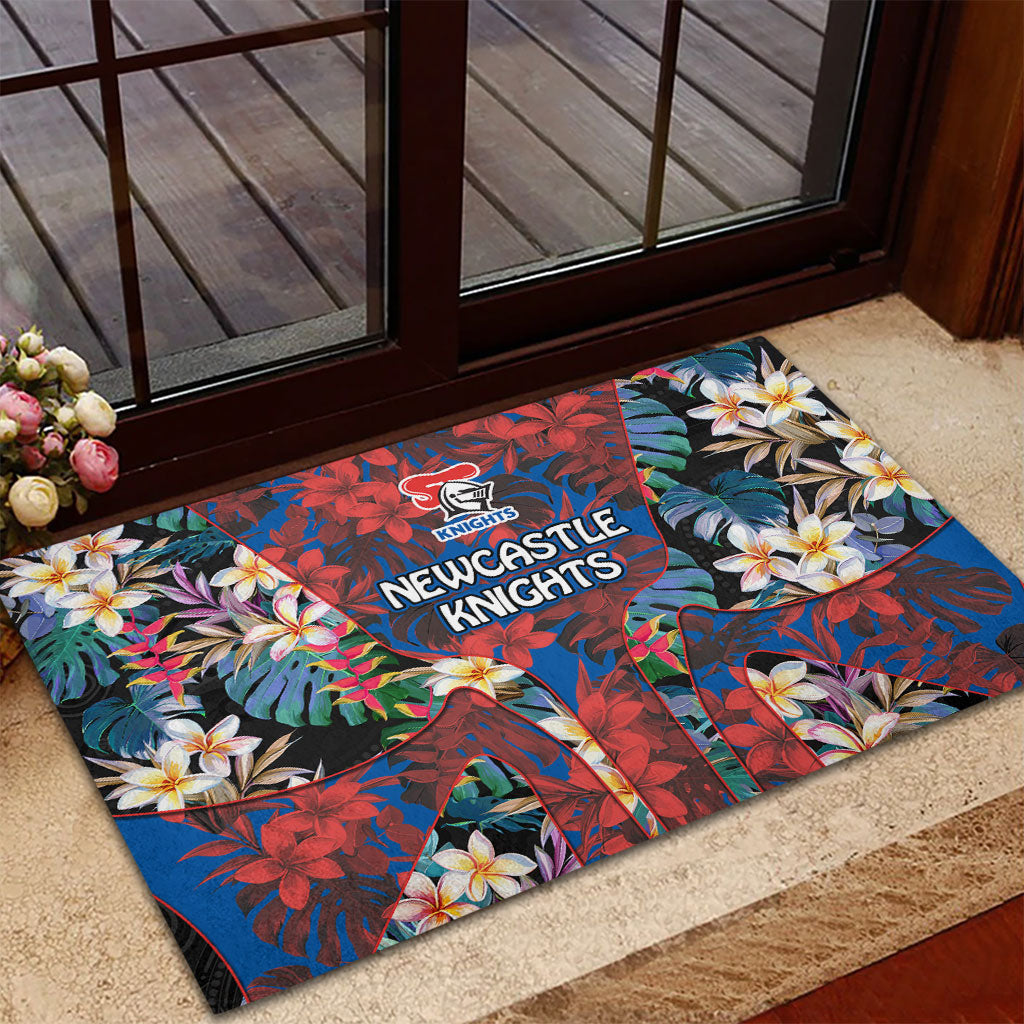 Newcastle Knights Rubber Doormat Tropical Hibiscus Floral Pattern With Blue And Red Accents