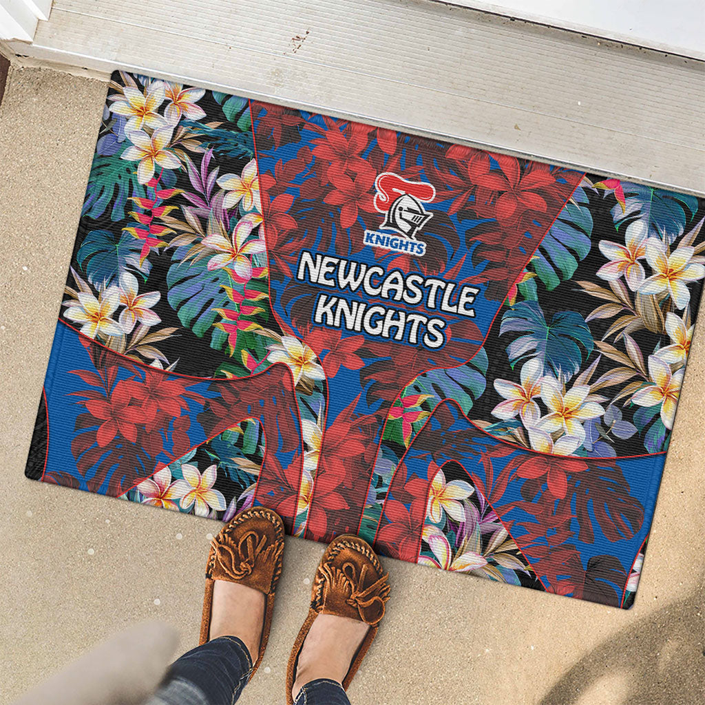 Newcastle Knights Rubber Doormat Tropical Hibiscus Floral Pattern With Blue And Red Accents