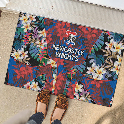 Newcastle Knights Rubber Doormat Tropical Hibiscus Floral Pattern With Blue And Red Accents