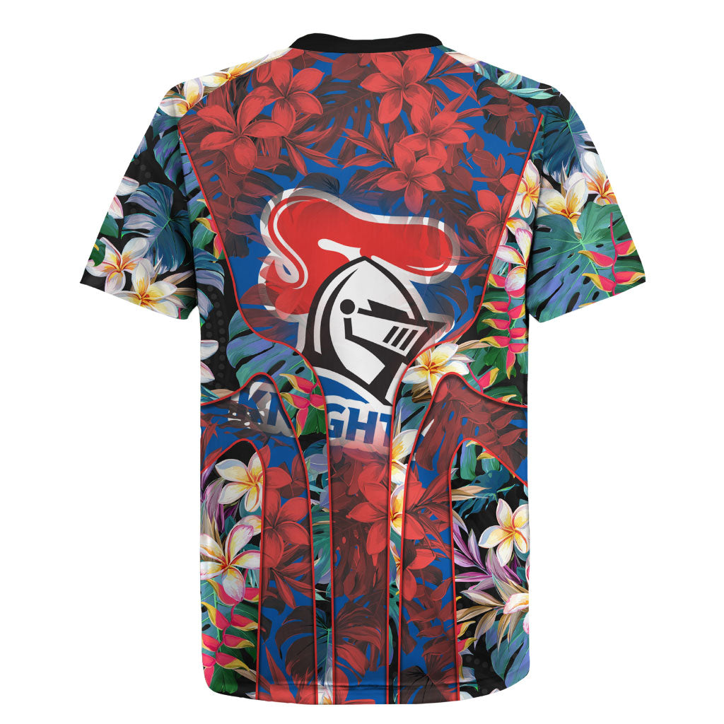Newcastle Knights Rugby Jersey Tropical Hibiscus Floral Pattern With Blue And Red Accents